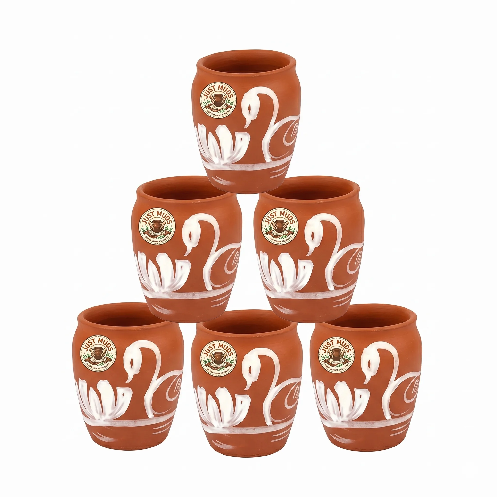 Clay Glass Set 200 ML (6 Piece) White Swans Design
